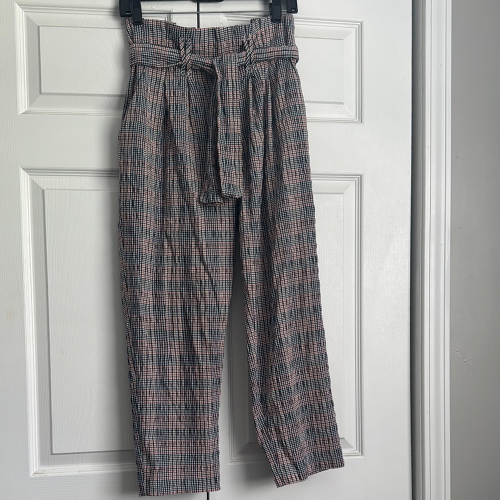 Anthropologie Blue and Orange Ankle Cropped Pants with Tie Waist